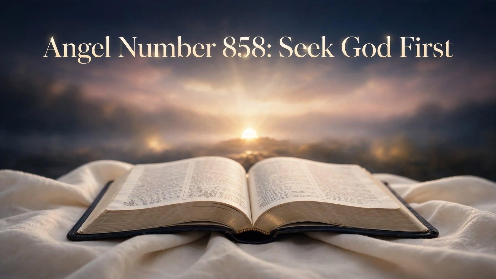 Open Bible with soft golden light and the words Angel Number 858 on a calm indigo background