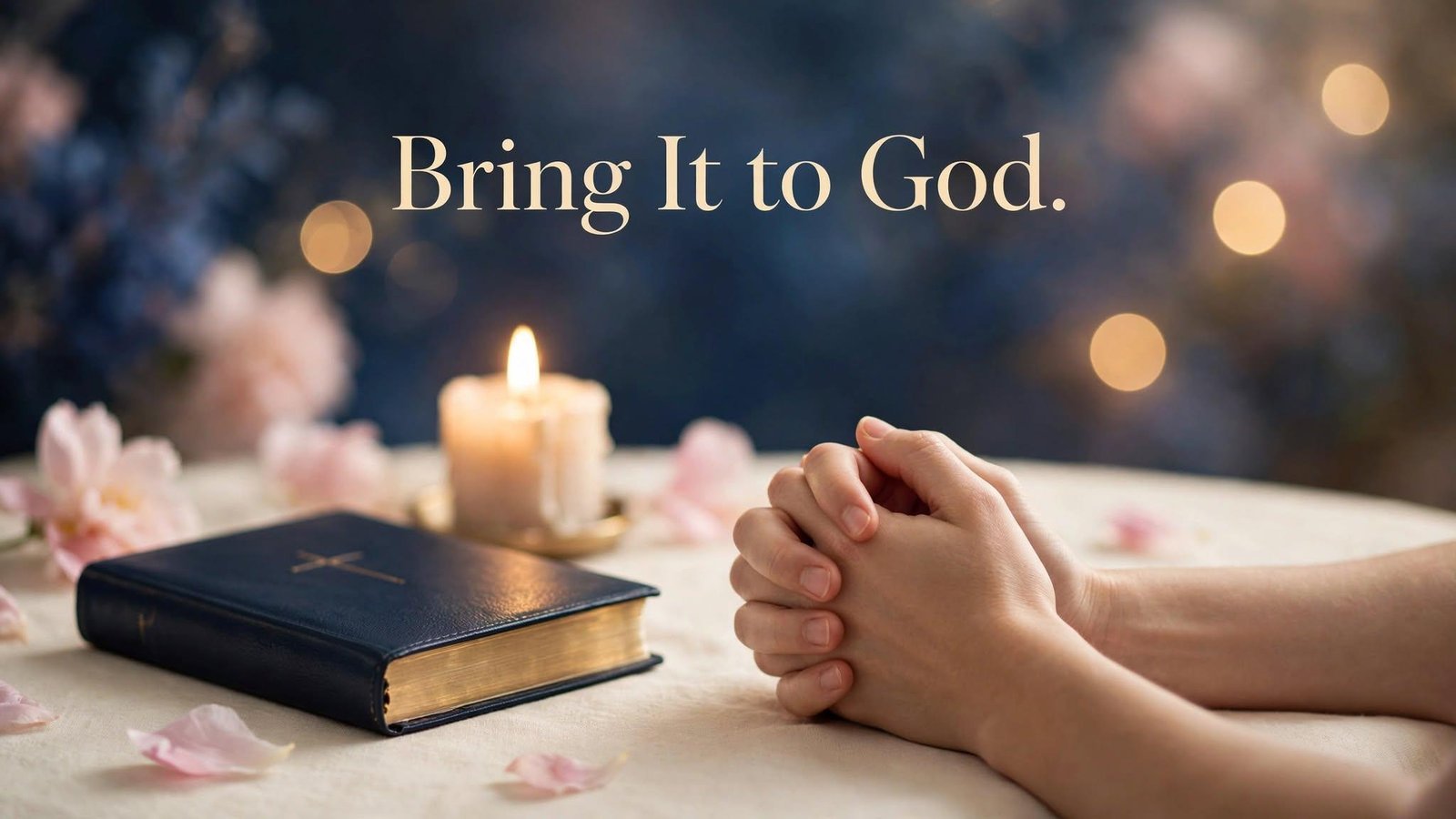 Praying hands beside a candle and Bible, a prayer for angel number 1110