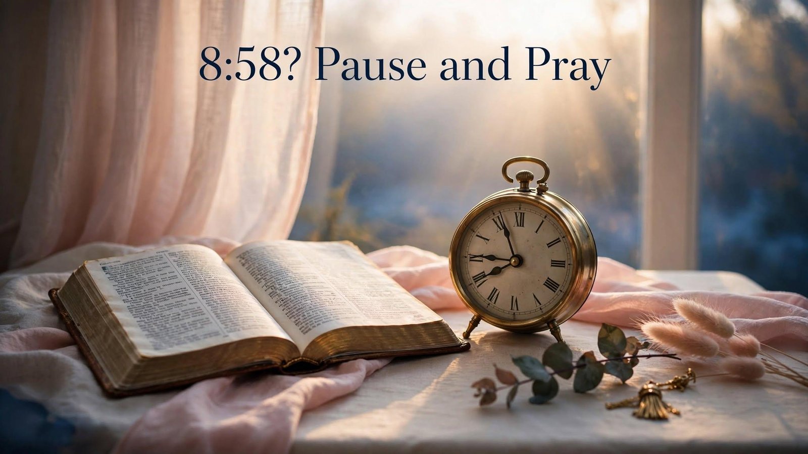 Warm morning light over a simple clock and an open Bible, a reminder of John 858 for angel number 858