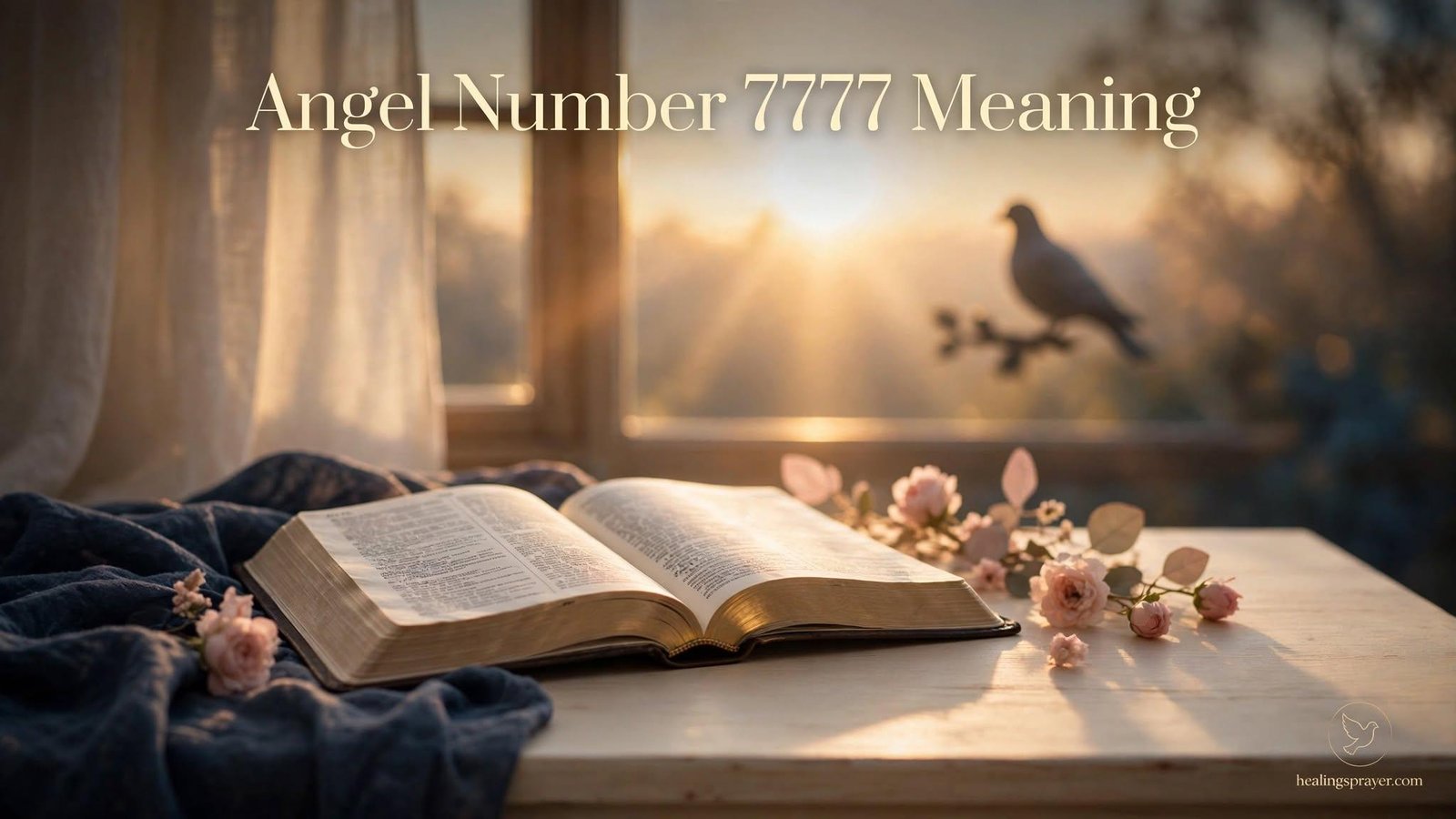 Angel number 7777 meaning explained with an open Bible and soft golden light
